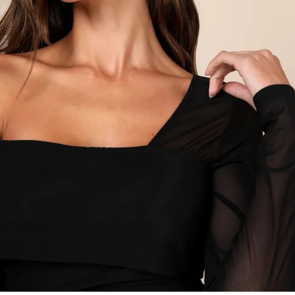 Lulus Sheer Fun Black Mesh Semi-Sheer Off-the-Shoulder Long Sleeve Top - Picture 4 of 4